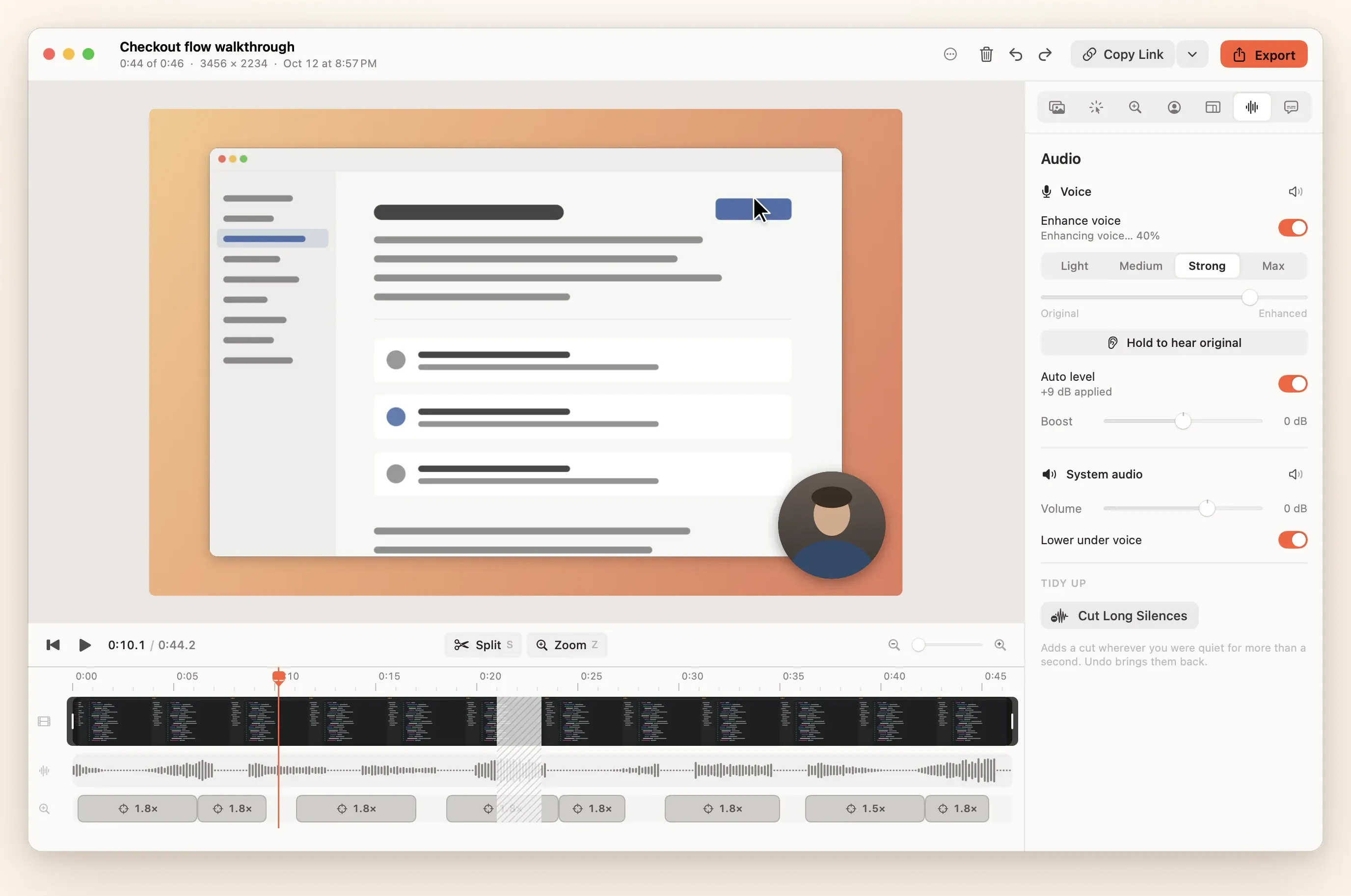 The editor's Audio inspector: Enhance voice with a strength setting, Auto level, a microphone boost and Lower system audio while speaking.