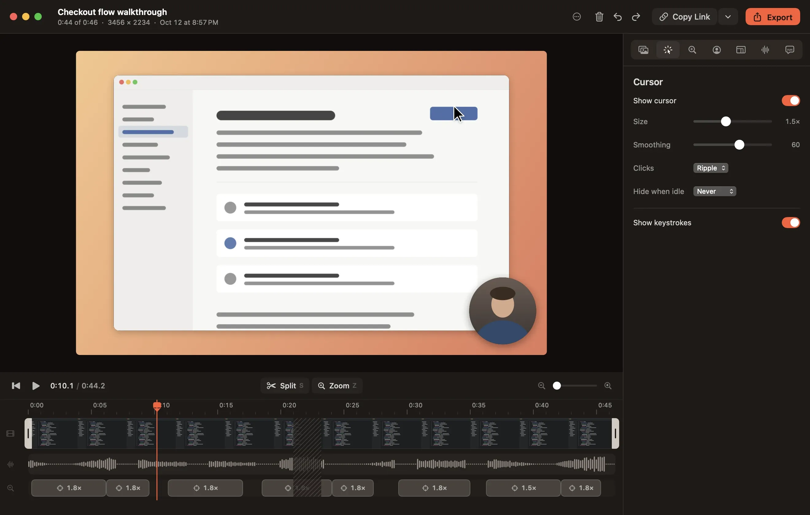 The Cursor inspector in the Reelbird editor, with cursor size, smoothing and click effect settings.