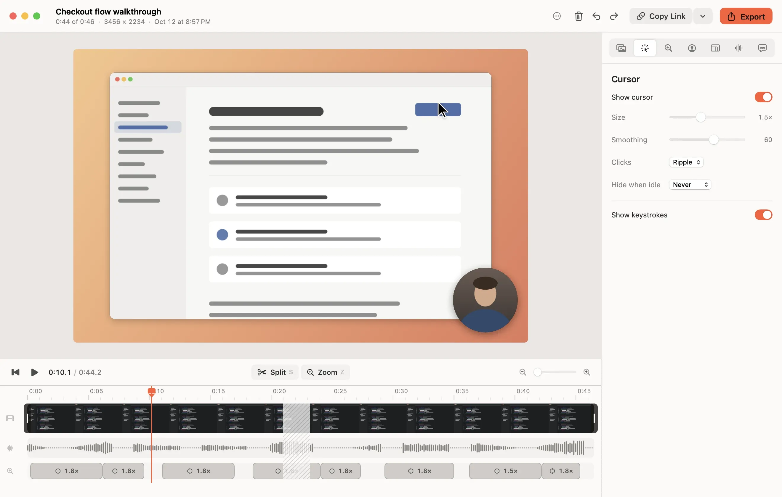 The Cursor inspector in the Reelbird editor, with cursor size, smoothing and click effect settings.