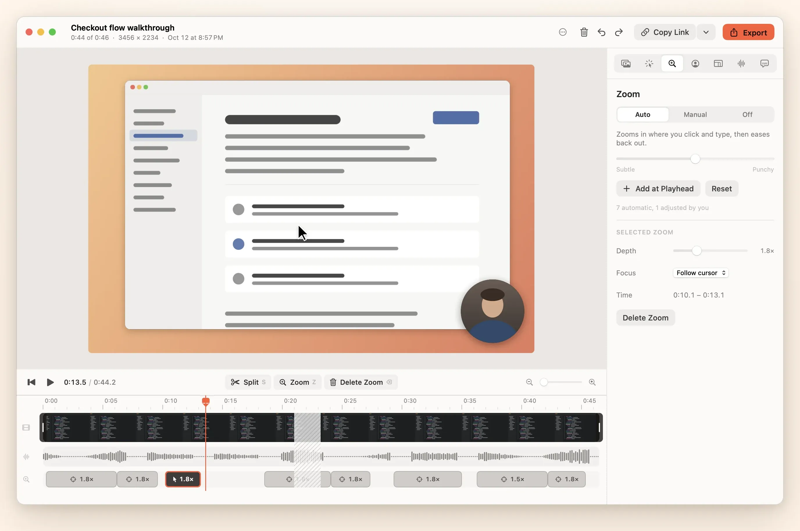 The Reelbird editor with the Zoom inspector open: Auto zoom with a Subtle to Punchy slider, and zoom regions marked on the timeline.