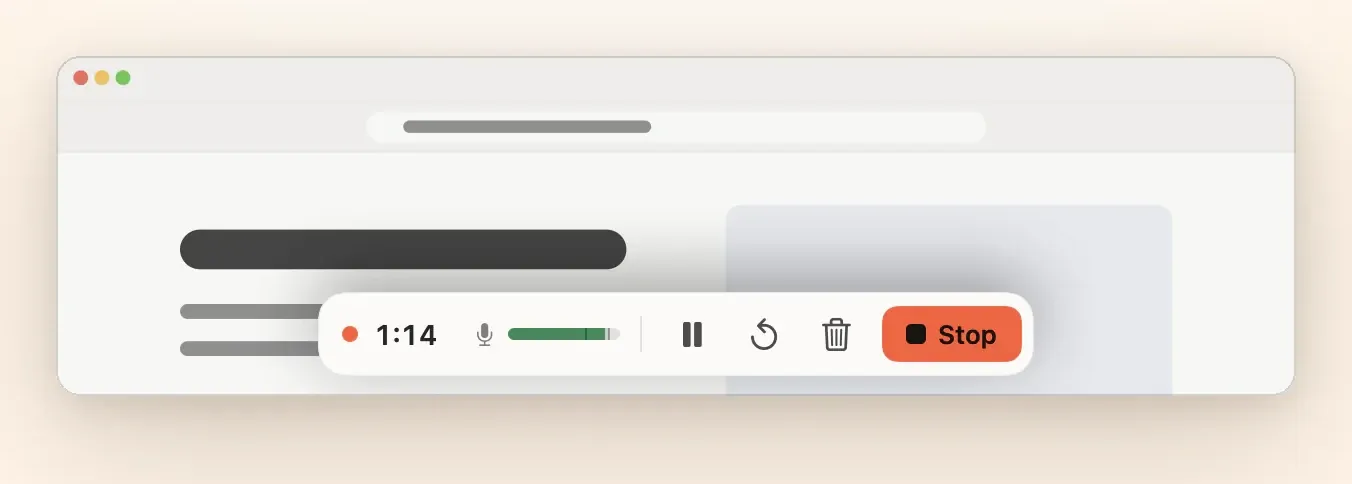 The recording bar: timer at 1:14, microphone level, pause, restart, delete and a Stop button.
