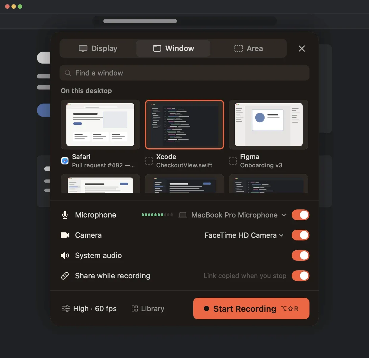 The Reelbird picker on the Window tab: windows to choose from, including ones on other desktops, and switches for microphone, camera, system audio and Share while recording.