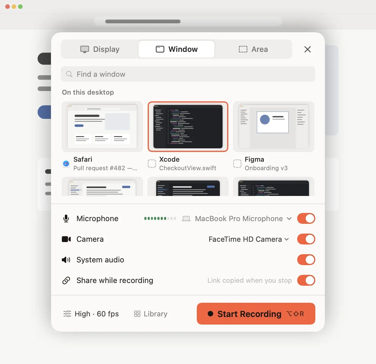The Reelbird picker on the Window tab: windows to choose from, including ones on other desktops, and switches for microphone, camera, system audio and Share while recording.