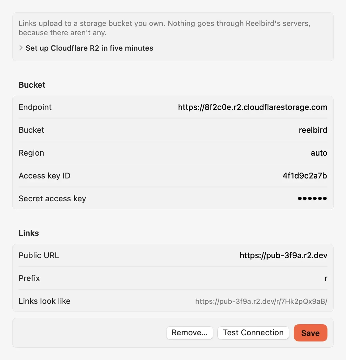 Reelbird's Sharing settings: endpoint, bucket, region, access keys, public URL and prefix, with Test Connection and Save.